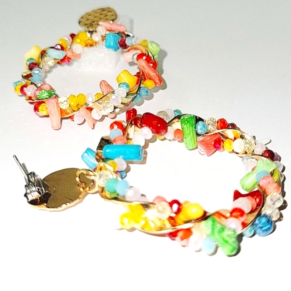 NEW! Multicolored Color Enhanced Coral & Glass Drop Hoop Earrings in Goldtone. - Picture 7 of 12